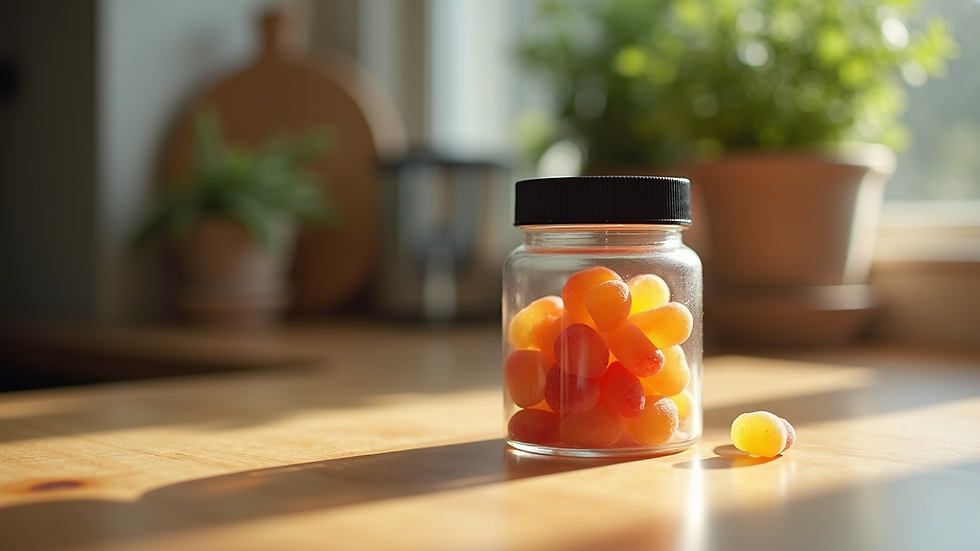 Eye-level view of a small jar of CBG edible gummies on a kitchen counter with natural light