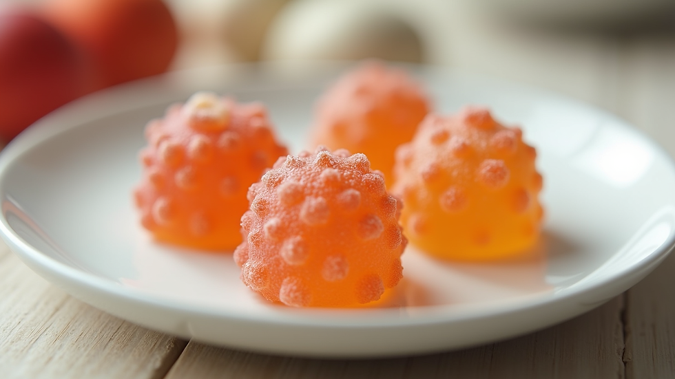 Eye-level view of mushroom gummies on a white ceramic plate