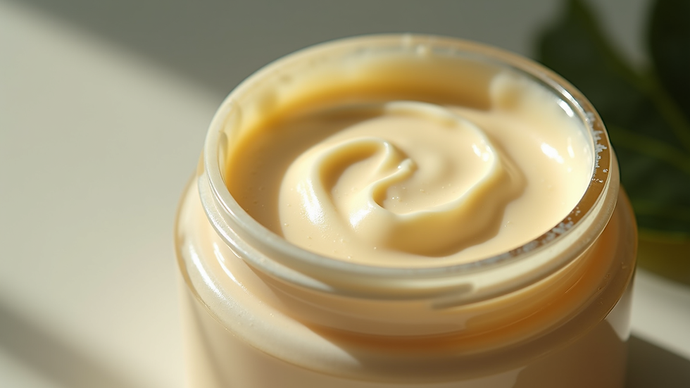 Close-up view of a jar of CBD body butter with creamy texture