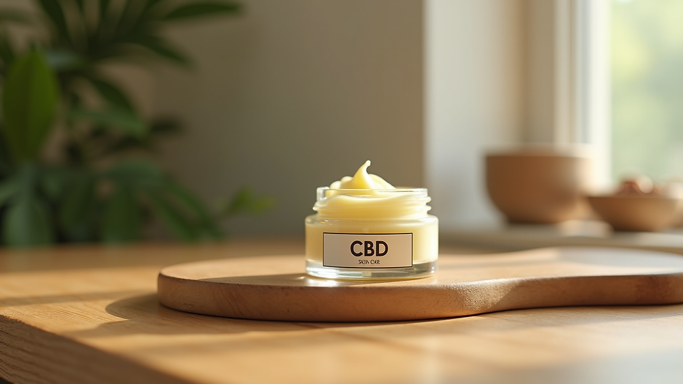 Eye-level view of a small jar of CBD skin care butter on a wooden surface