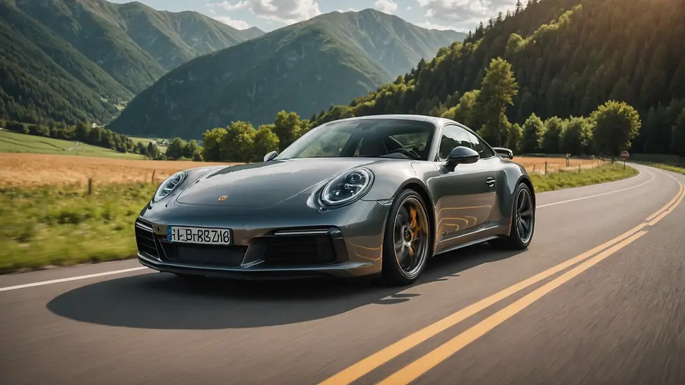 Eye-level view of a sleek and stylish Porsche 911 Carrera S parked on a scenic road