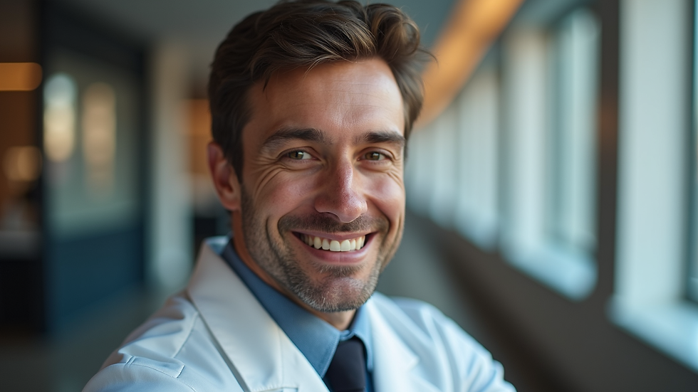 Eye-level view of a confident male patient smiling after rhinoplasty in New York