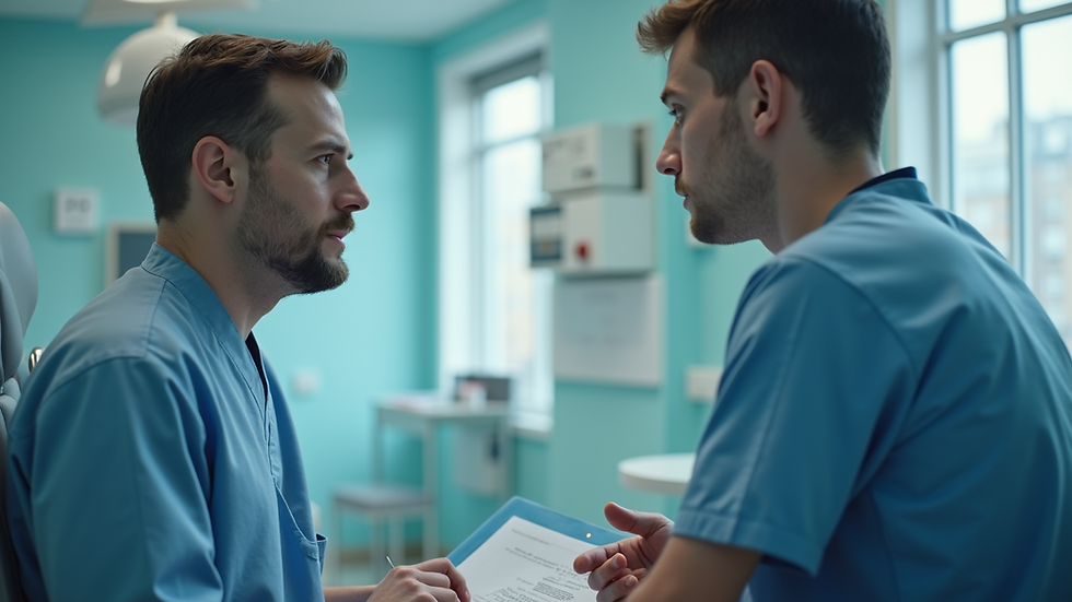 Eye-level view of a male patient consulting with a surgeon in a modern New York clinic