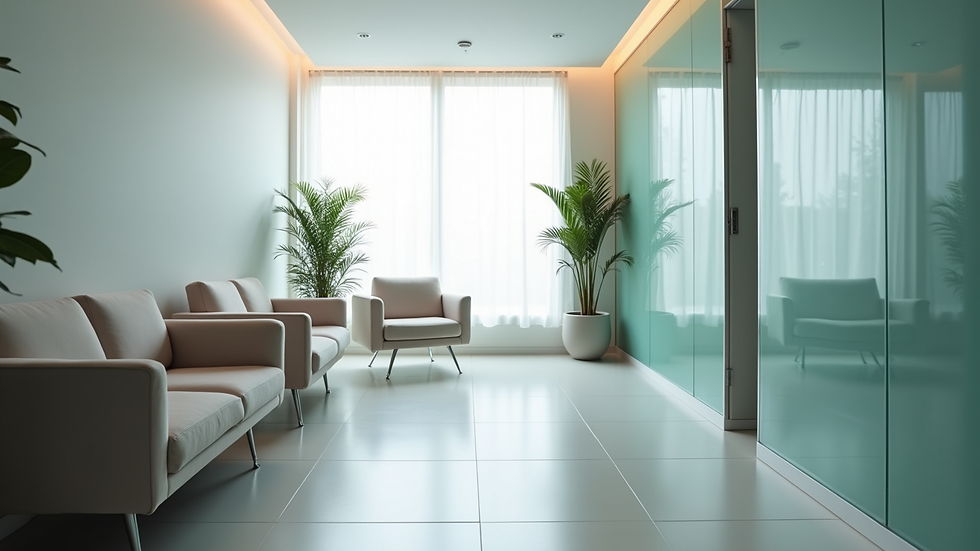 High angle view of a calm waiting room in a cosmetic surgery clinic