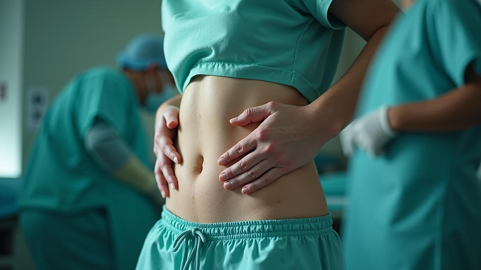 Vista lateral de paciente con abdomen plano y piel tersa después de cirugía