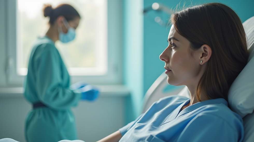 Vista lateral de una paciente recuperándose después de un BBL en un ambiente cómodo