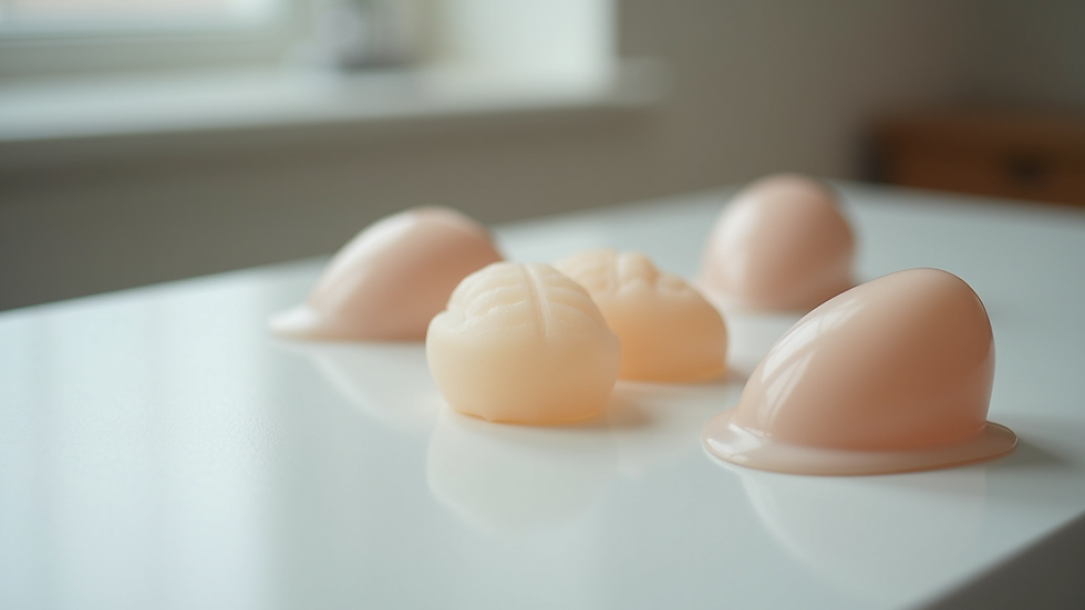 Close-up view of breast implant options displayed on a table