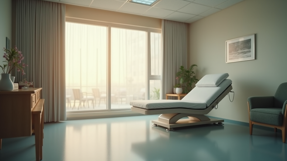 Eye-level view of a comfortable recovery room with soft lighting and a reclined chair
