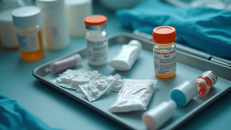 Close-up view of a neatly arranged recovery kit with medications and supplies