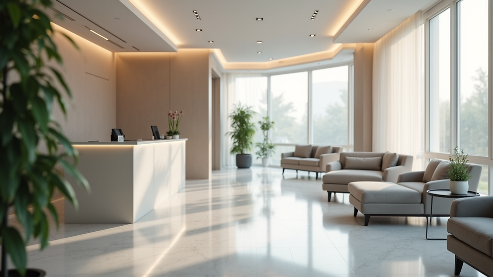 Eye-level view of a modern plastic surgery clinic reception area