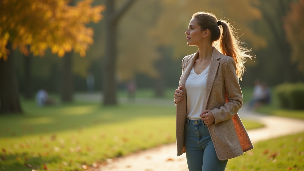 Vista lateral de una mujer caminando suavemente en un parque después de cirugía nasal