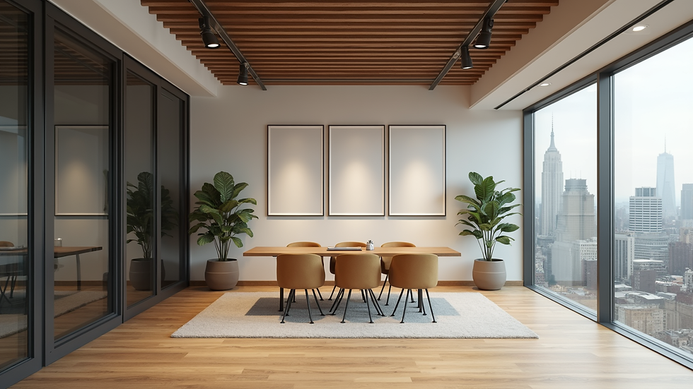 Vista frontal de consultorio moderno en Nueva York con ambiente acogedor