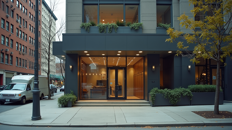 Eye-level view of a modern New York City clinic exterior