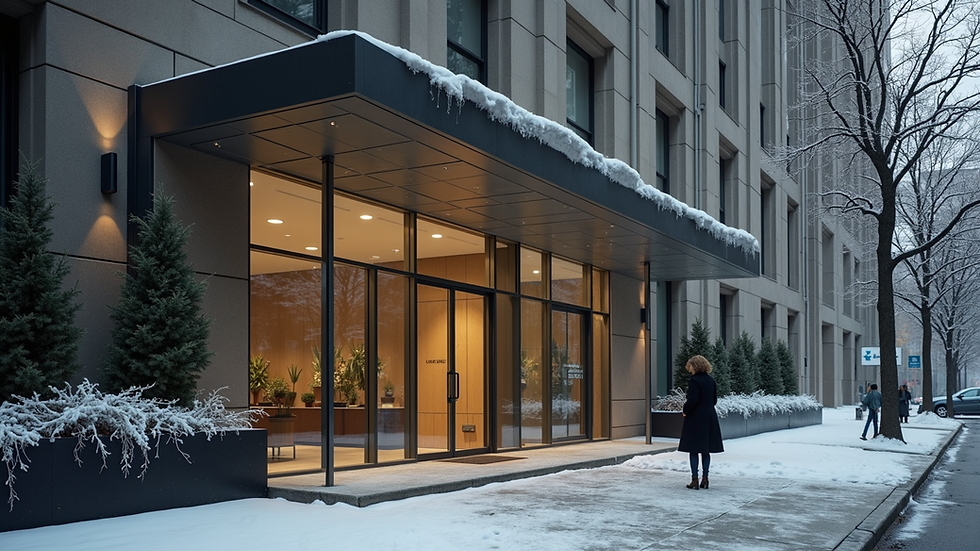 Eye-level view of a modern New York City clinic exterior