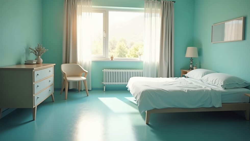High angle view of a calm, sunlit bedroom prepared for post-surgery rest