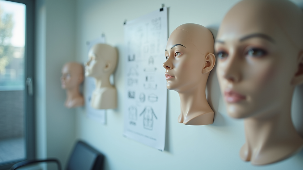 Close-up view of a consultation room with plastic surgery models and diagrams