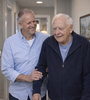 Caregiver walking alongside a senior to provide safety support and supervision at home