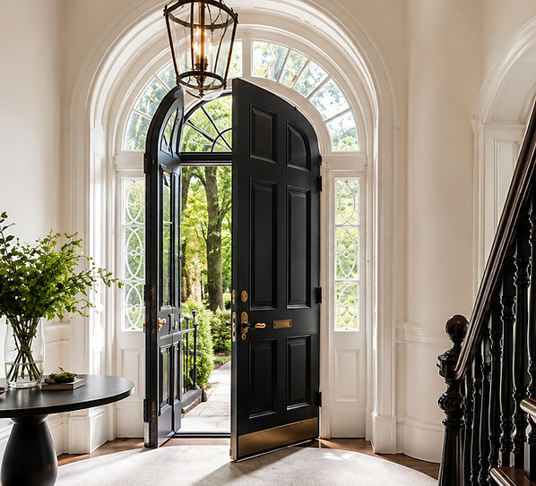 Open black front door with arched fanlight and traditional interior staircase