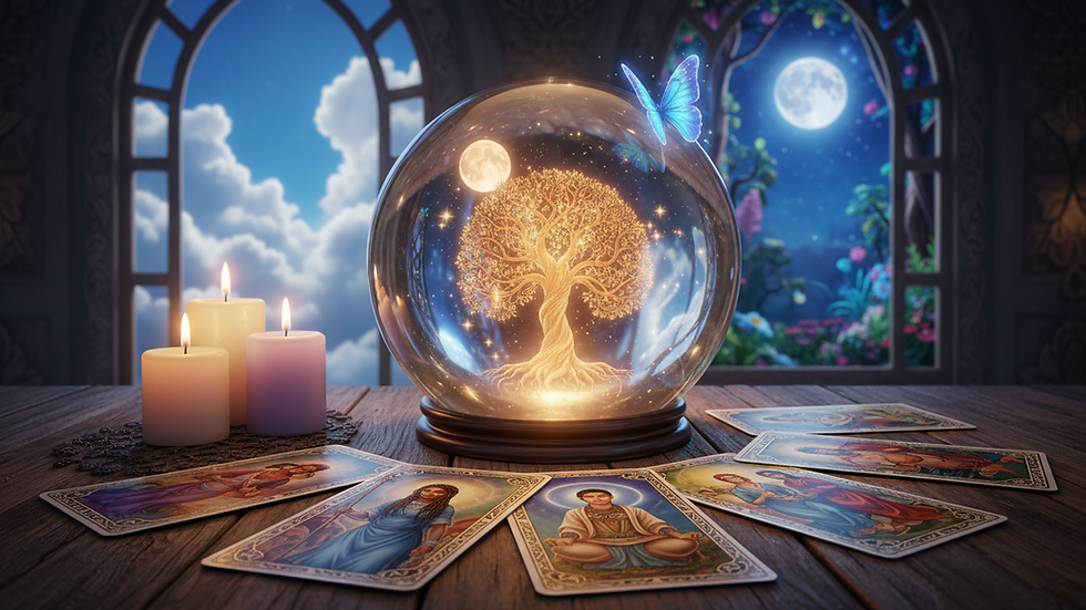 Close-up view of a crystal ball and tarot cards on a wooden table
