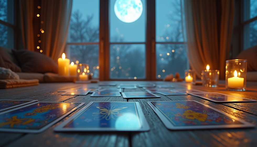 Tarot cards spread on a wooden table, surrounded by glowing candles. A full moon shines through a window, creating a mystical ambiance.
