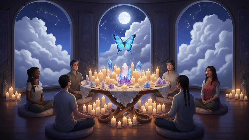 Eye-level view of a serene room with candles and crystals arranged for a spiritual session