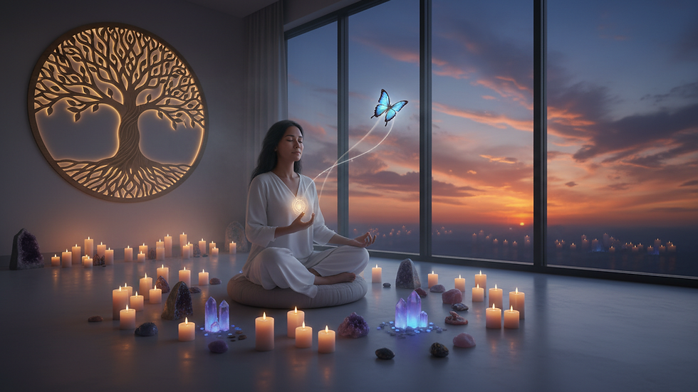 Eye-level view of a serene meditation space with candles and crystals
