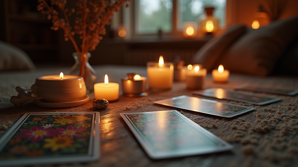 Eye-level view of a cozy room with candles and tarot cards laid out