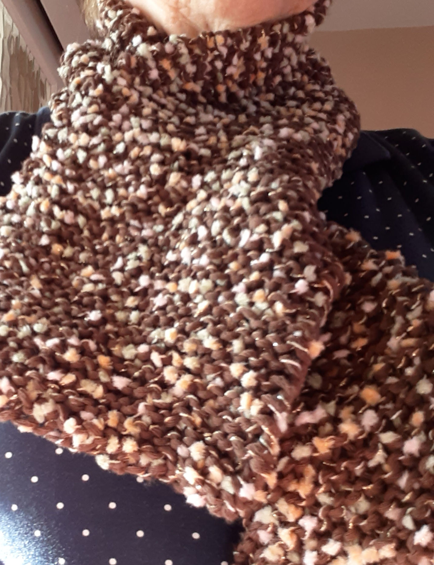 Brown scarf hand-knitted in Patons "Flower Garden" yarn