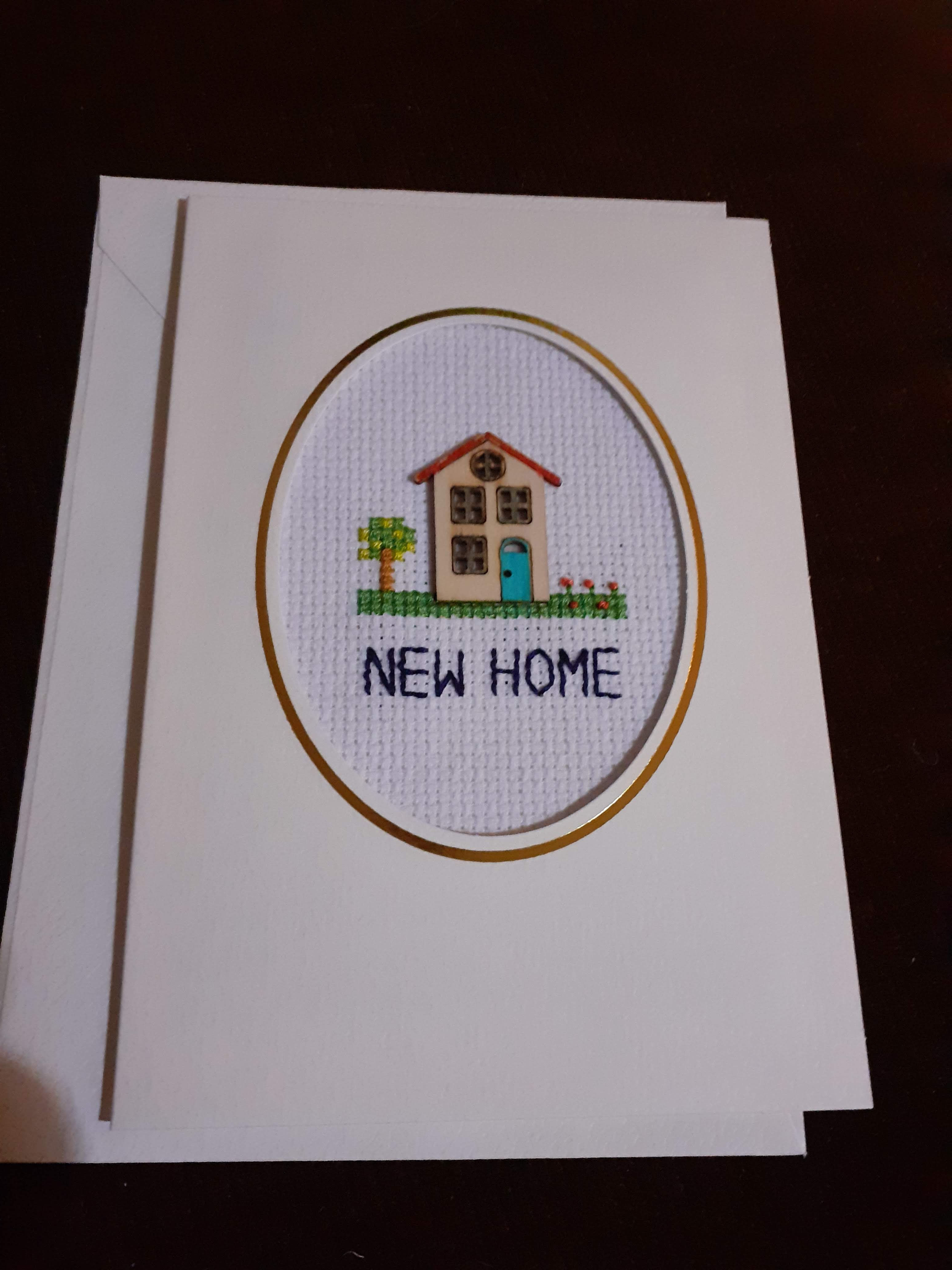 New home card with wooden embellishment and embroidery