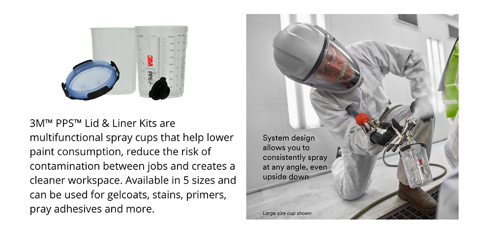 3M™ PPS™ Lid & Liner Kits are multifunctional spray cups that help lower paint consumption, reduce the risk of contamination between jobs and creates a cleaner workspace. Available in 5 sizes and can be used for gelcoats, stains, primers, pray adhesives and more.