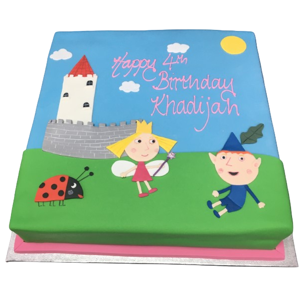 A beautifully decorated Ben and Holly themed celebration cake with fondant characters and intricate details, perfect for a themed birthday party.