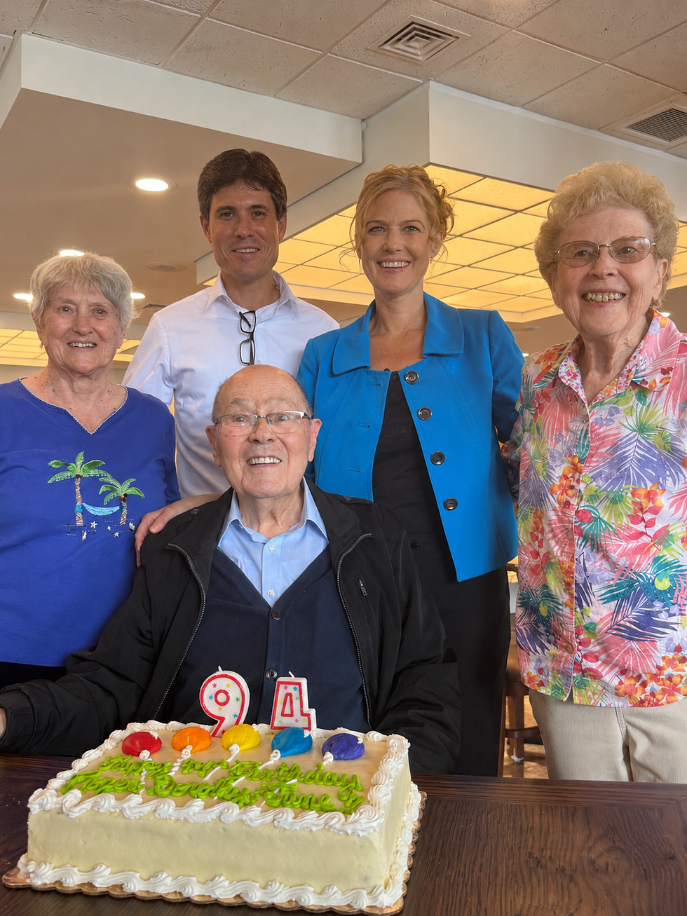 Jane Haines, Roger Van Arsvell, and Dorothy Workman celebrate their upcoming 94th birthdays with Greg and Jill Morikone. Congratulations!