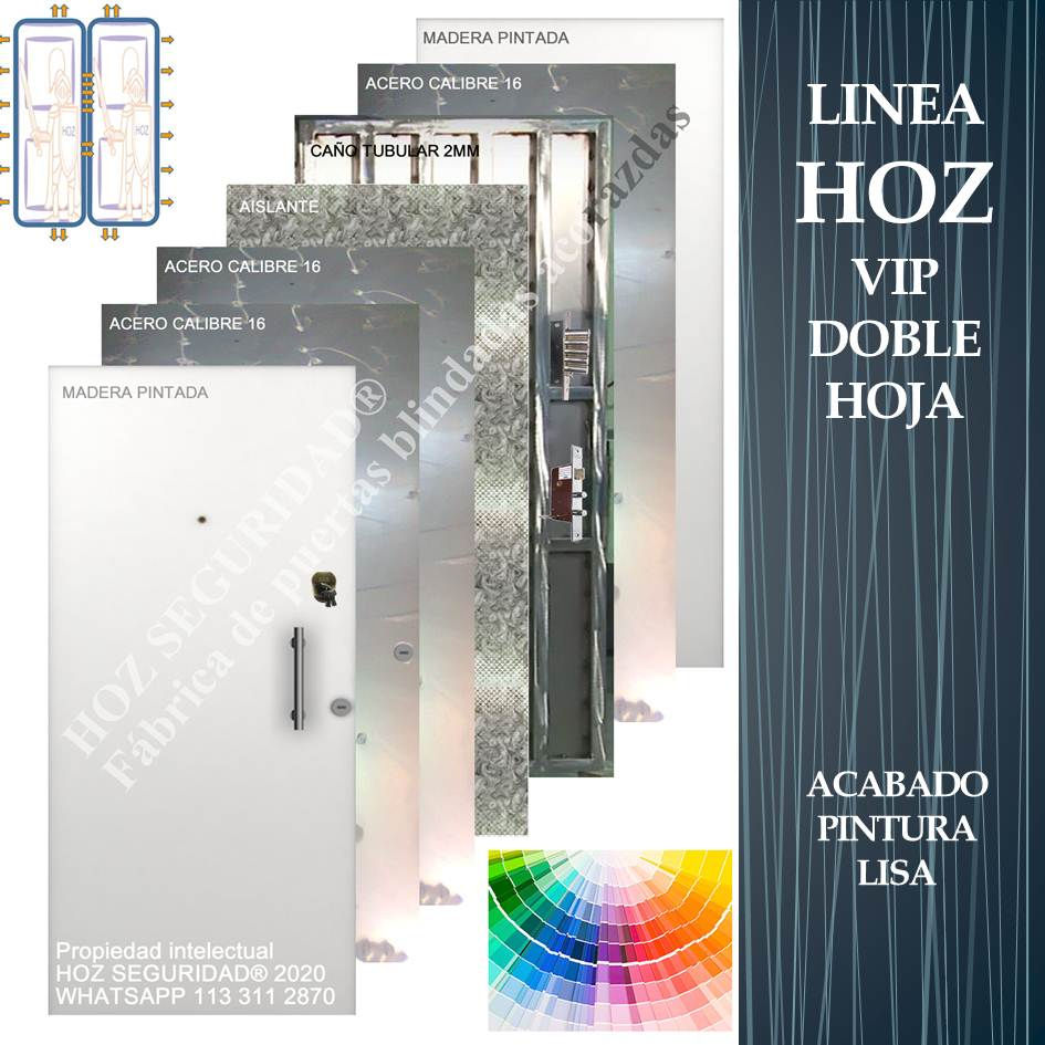 Puerta blindada HOZ VIP DOBLE HOJA con pintura horneada. Doble hoja con blindaje de acero calibre 16.