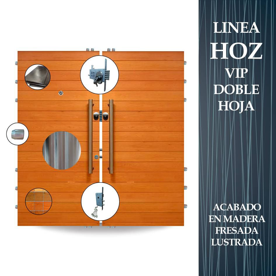 Vista frontal de puerta HOZ VIP DOBLE HOJA fresada y lustrada. Diseño clásico de doble hoja con visor blindado.