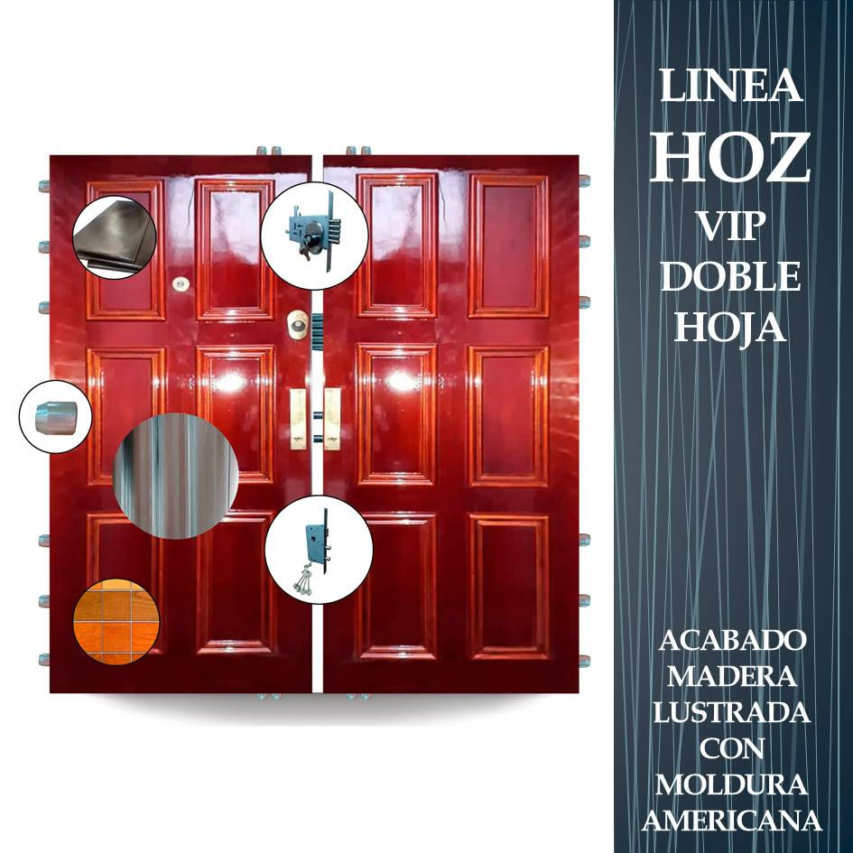 Vista frontal de puerta HOZ VIP DOBLE HOJA con molduras lustradas. Estilo tradicional con visor blindado de alta seguridad.