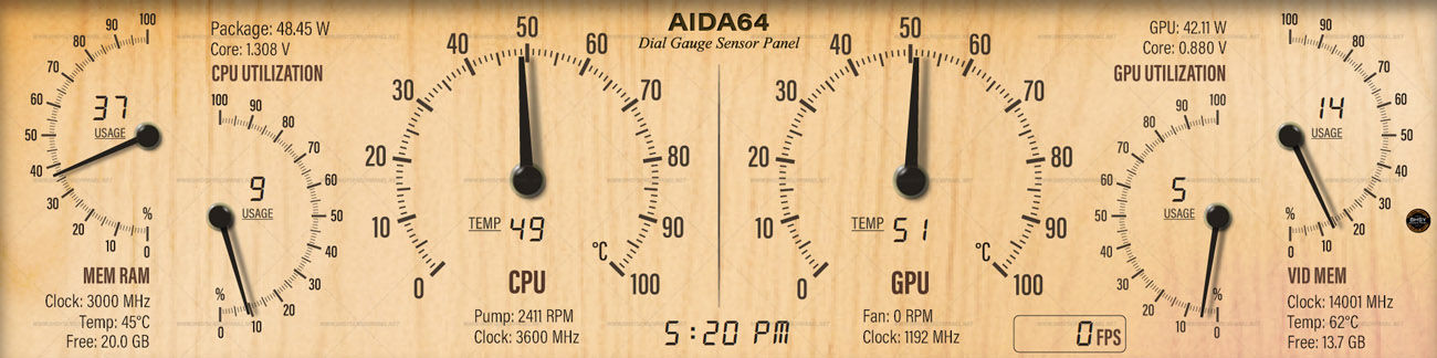 58-AIDA64 Wooden Dial Gauge Sensor Panel Skin 1280x515