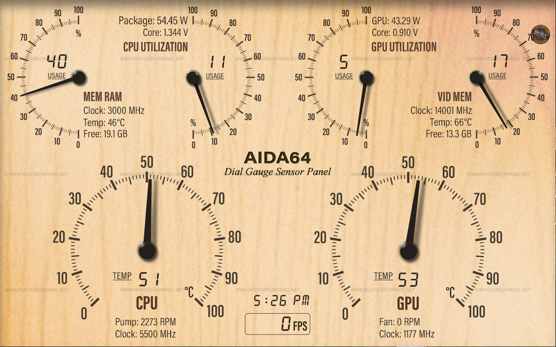 58-AIDA64 Wooden Dial Gauge Sensor Panel Skin 1280x800