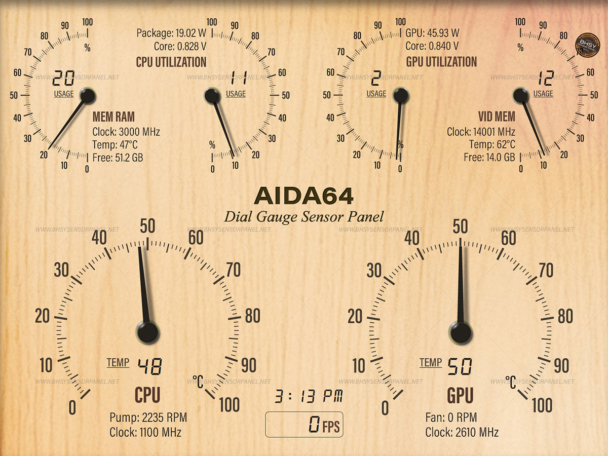 58-AIDA64 Wooden Dial Gauge Sensor Panel Skin 1600x1200