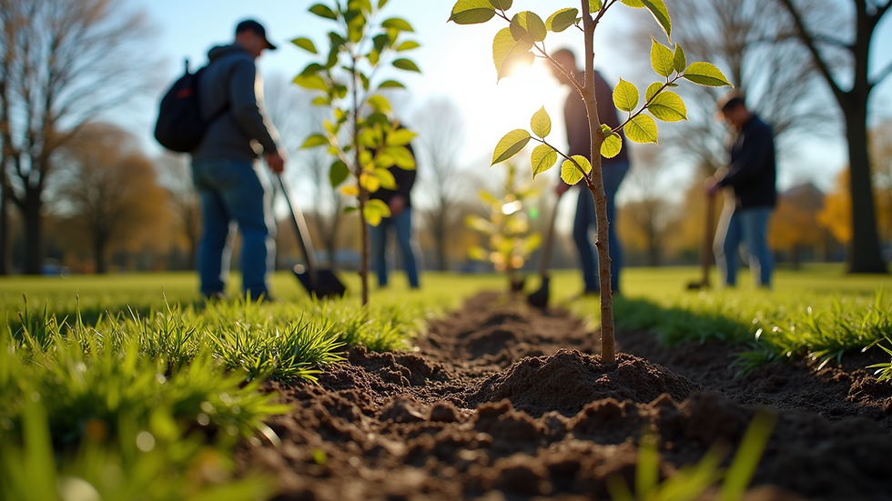 Eye-level view of a group of volunteers planting trees in a community park