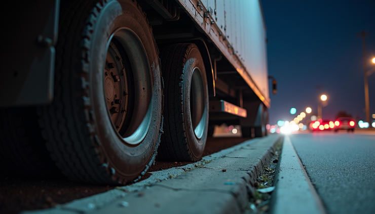 Close-up view of a shredded semi-truck tire with exposed steel belts on a Dallas roadside