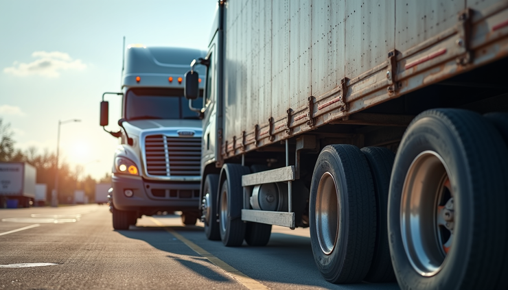Eye-level view of a mobile tire service truck parked beside a semi-truck trailer on a commercial lot
