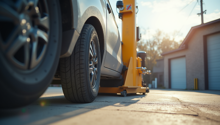 Eye-level view of a mobile tire changer machine set up outdoors on a concrete surface