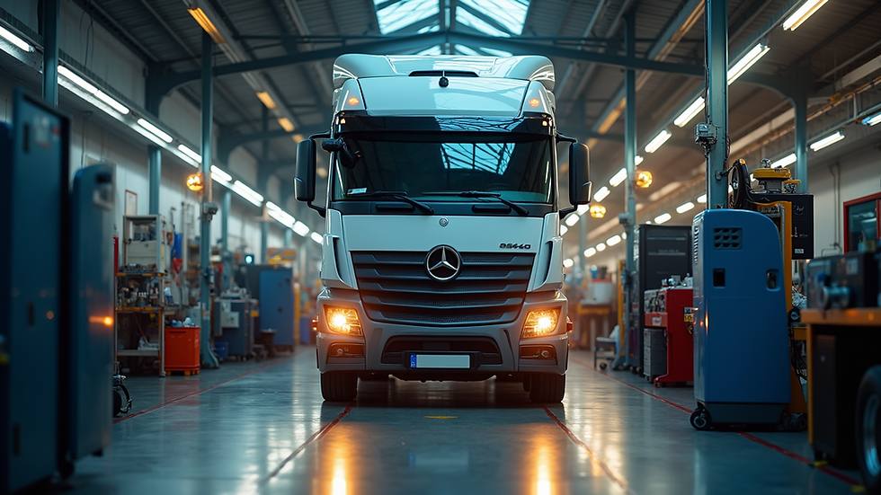 Eye-level view of a commercial truck undergoing maintenance in a garage