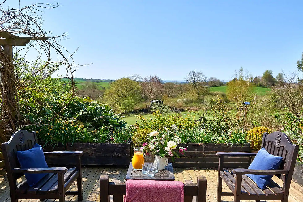 View from our decking area overlooking lush countryside at our Devon Holiday Home