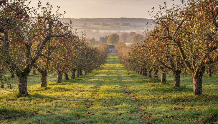 Wide-angle view of apple trees heavy with fruit in a South West orchard.