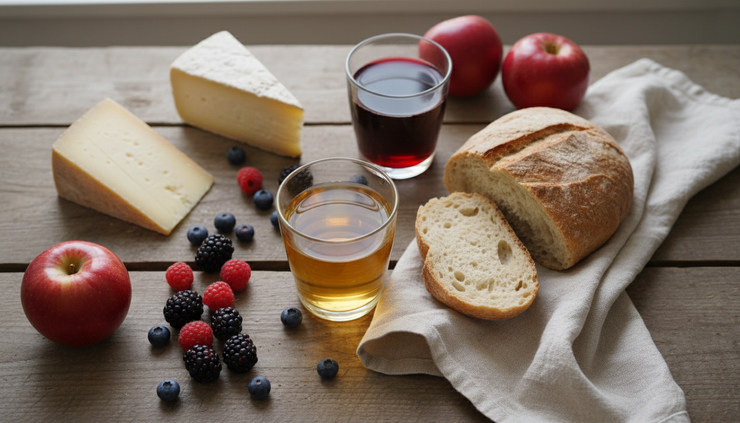 Overhead view of apple juice and berry juices served with a simple countryside lunch.