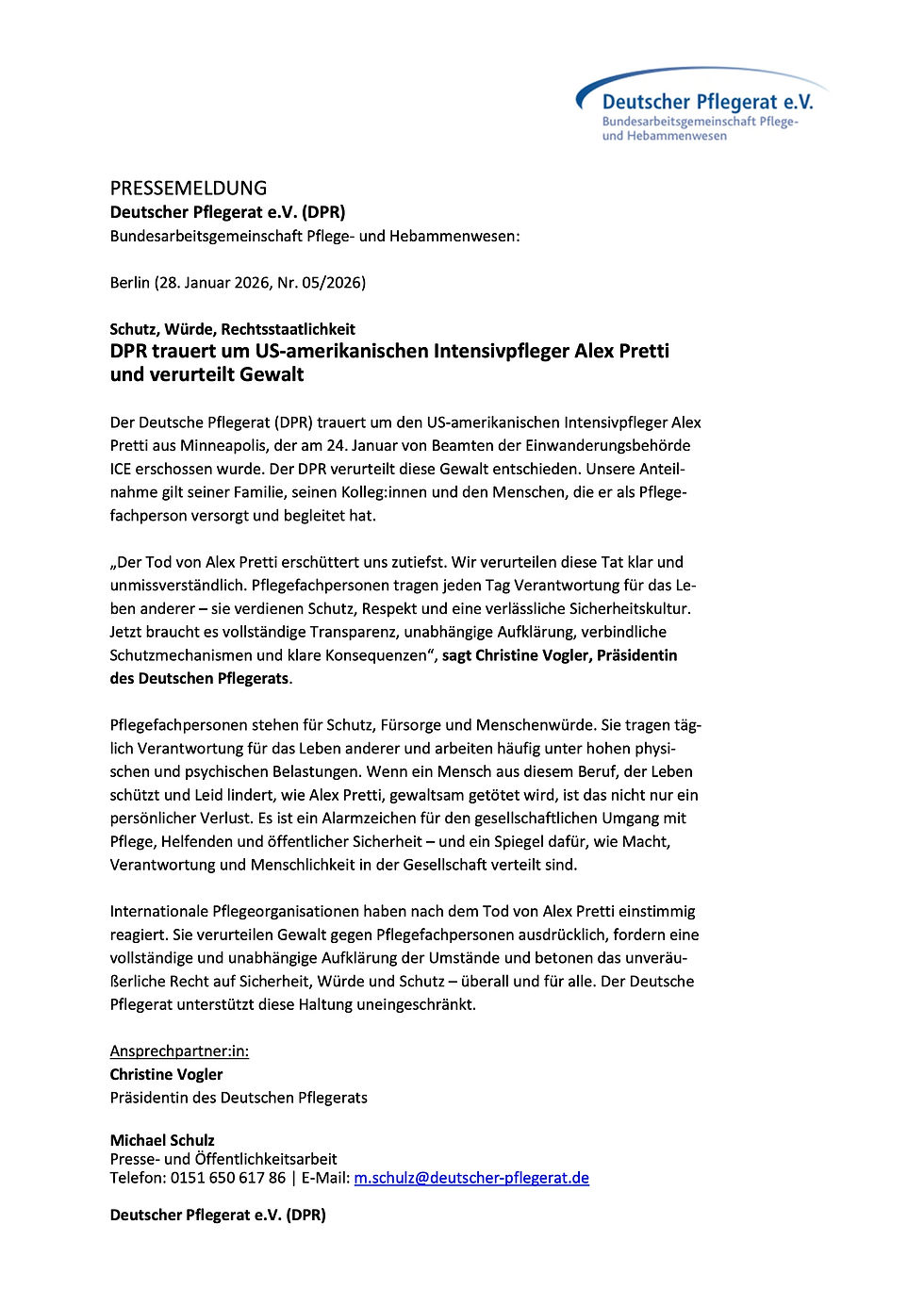 Official Statement from the German Nurses Association About the Death of Alex Pretti