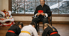 Three children (one boy and two girls) bow to their kung fu master holding red envelopes, with a lion costume nearby and snowy cherry blossom buds outside the window