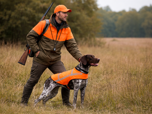 Jachthond naast zijn begeleider in het veld, beide zichtbaar beschermd met oranje veiligheidskledij tijdens de jacht.