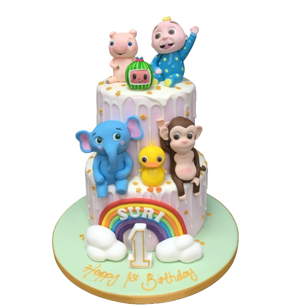 Bespoke Coco Melon-themed cake with colorful characters and vibrant decorations in Solihull, West Midlands.